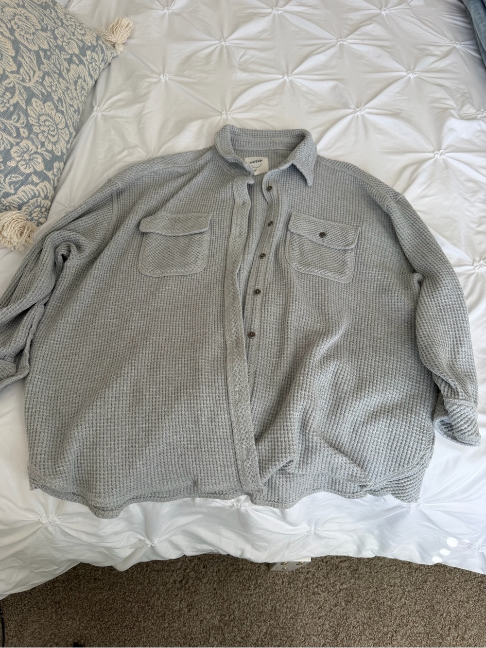 aerie Light Gray Waffle-Knit Zip-Up Sweater Shirt